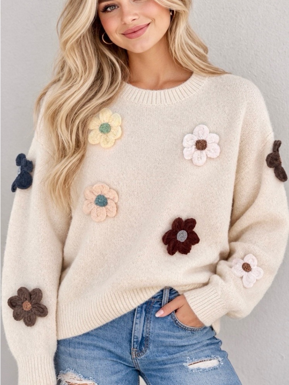 POL Cream Crewneck Sweater with Multicolor 3D Floral Appliqués